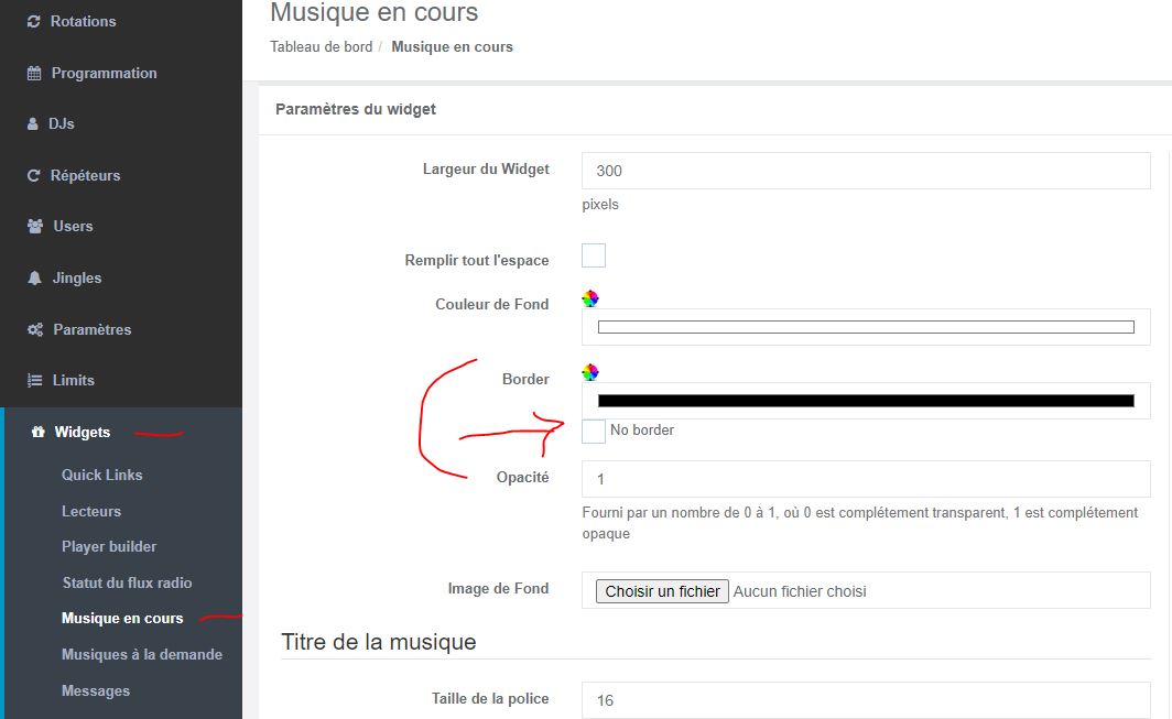Choix d'afficher ou pas la bordure et de mettre une couleur pour le widget musiques en cours