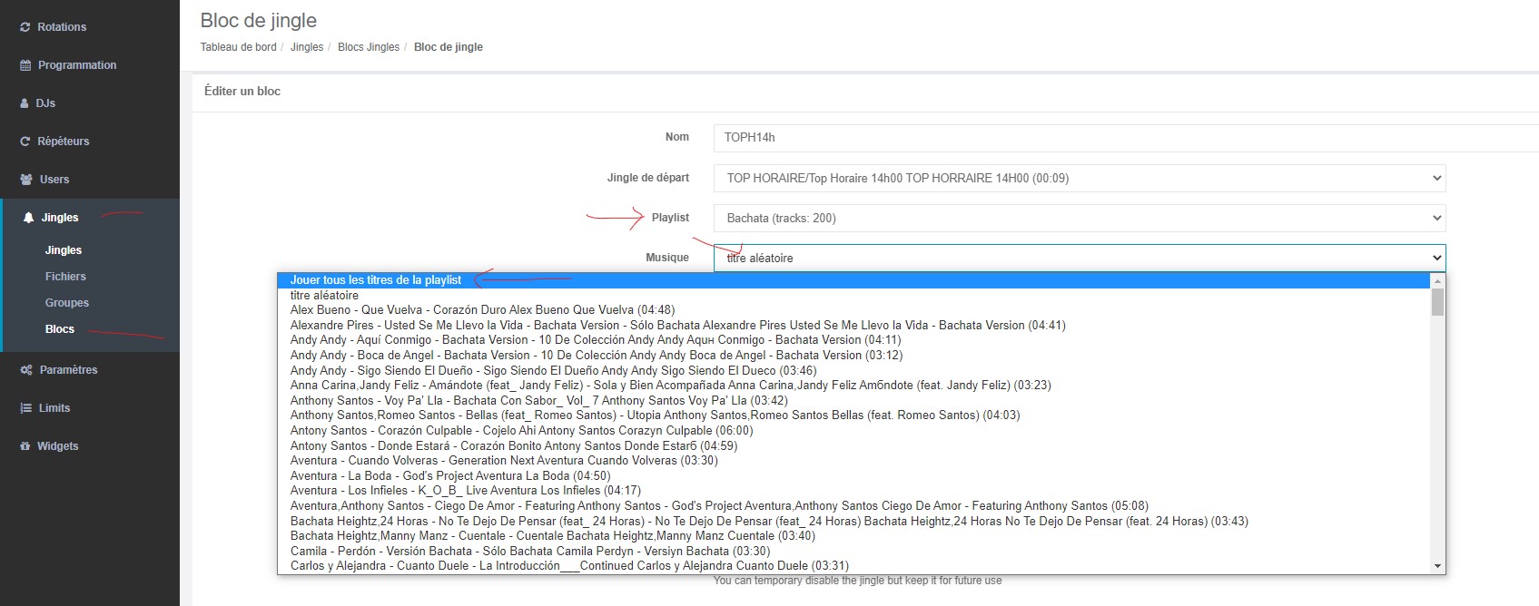 Jouer une playlist entière entre des jingles dans la gestion des blocs de jingles
